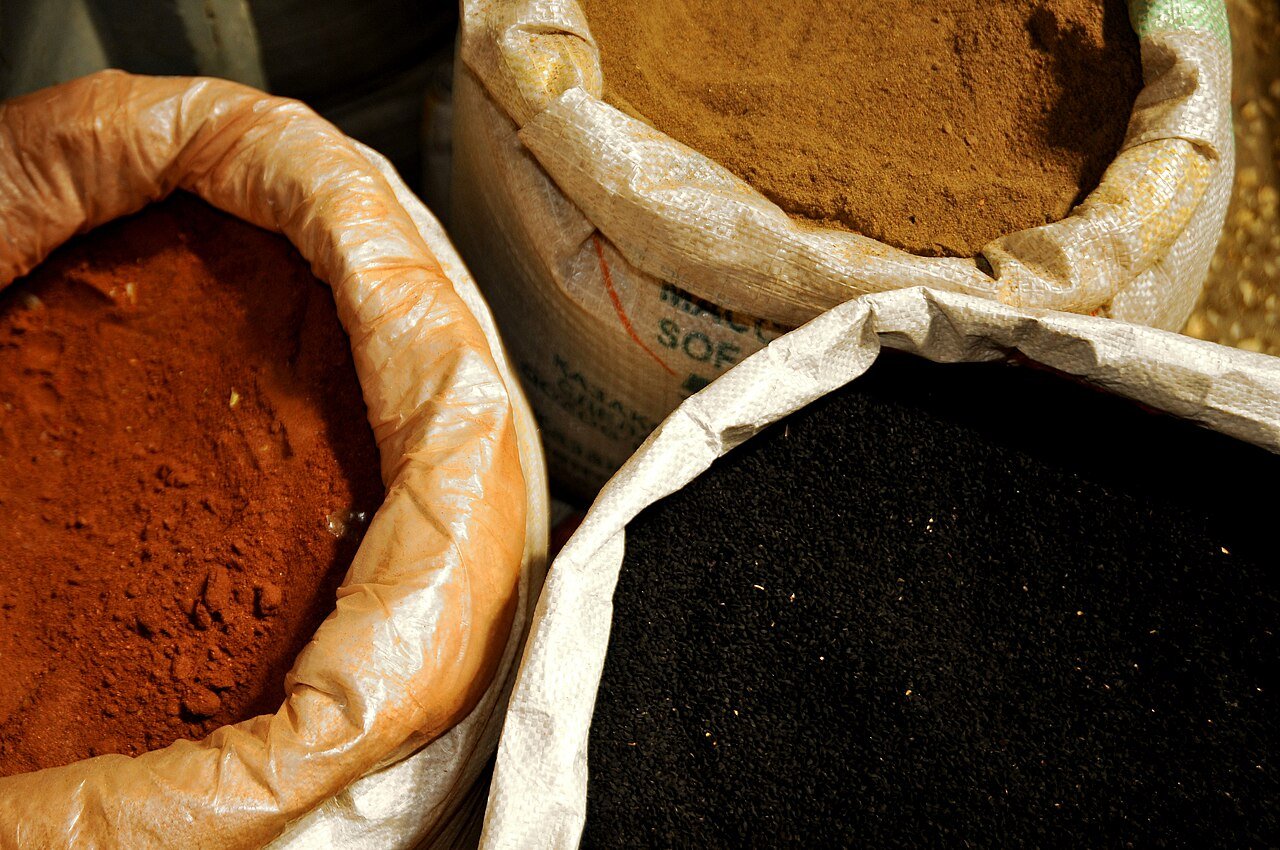 Spices sorted in sacks